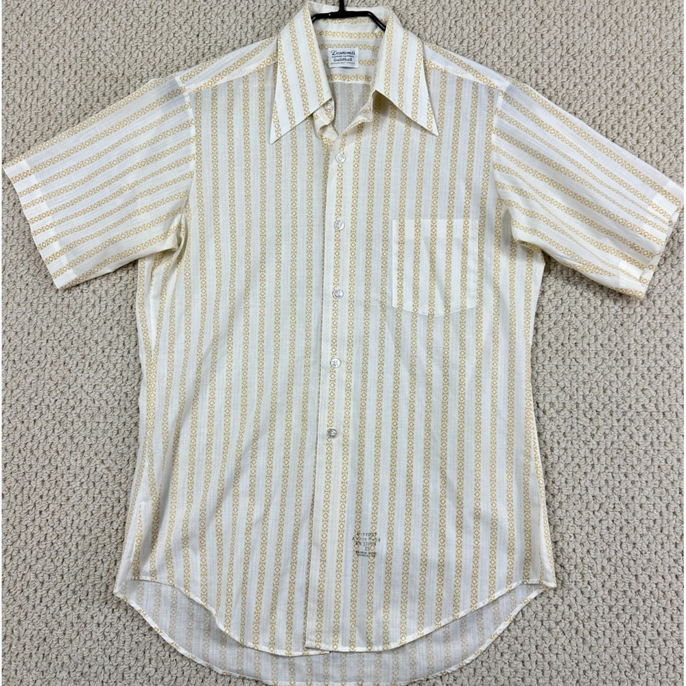 Desmonds CA Sheer Shirt Men 15 White Gold Thin Geometric S/Sleeve Button 60s 70s